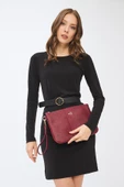 Kadın Basic Clutch Çanta Monogram Desenli Şeritli Logolu Bordo 214002 - 2