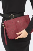 Kadın Basic Clutch Çanta Monogram Desenli Şeritli Logolu Bordo 214002 - 3