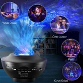 HyMark Led Yıldız Bluetooth Hoparlör Usb Projektör Okyanus Dalgası 21 Modlu Gece Lambası - 5