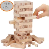 48 Parça Sayılı 4 Zar Ahşap Jenga Kule Denge Oyunu Eğitici Oyuncak Beceri Oyunu - 1