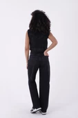 Dizleri Yırtıklı Paçaları Püsküllü Yüksek Belli Geniş Paçalı Kadın Kot Pantolon Jean Antrasit Denim - 2