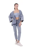 Bol Kalıplı ve Orta Boylu Kemersiz Rahat / Oversize Kadın Kot Kimono Açık Mavi Denim Dört Mevsim - 5