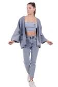 Bol Kalıplı ve Orta Boylu Kemersiz Rahat / Oversize Kadın Kot Kimono Açık Mavi Denim Dört Mevsim - 3