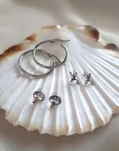 Küpe Kararmaz Çelik 316L Lüks Kadın Küpe Halka Kurbağa Mantar Küpe 3 lü Set thumbnail 1