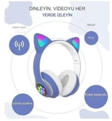 Sevimli Kedi LED Işıklı Katlanabilir Kablosuz Kulaküstü Bluetooth Kulaklık Uyumlu Mavi thumbnail 3