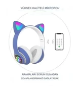 Sevimli Kedi LED Işıklı Katlanabilir Kablosuz Kulaküstü Bluetooth Kulaklık Uyumlu Mavi thumbnail 5