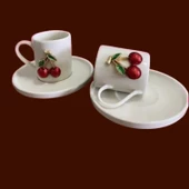 2 Kişilik Kirazlı Fincan Takımı 4 Parça Fincan Seti Kiraz Figürlü Türk Kahvesi Fincanı - 3