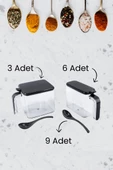 Standlı Kaşıklı Kapaklı 9lu Baharatlık Seti, Kendinden Yapışkanlı Siyah Baharat Takımı (3x600ml, 6x300ml) - 3
