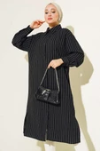 Yanı Yırtmaçlı Çizgili Uzun Gömlek Siyah - 2