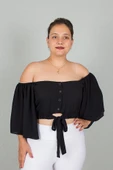 Büyük Beden Kadın Giyim Geniş Kollu Beli Lastik ve Büzgülü Crop Siyah Bluz - 2