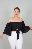 Büyük Beden Kadın Giyim Geniş Kollu Beli Lastik ve Büzgülü Crop Siyah Bluz - 1