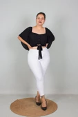 Büyük Beden Kadın Giyim Geniş Kollu Beli Lastik ve Büzgülü Crop Siyah Bluz - 6