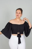 Büyük Beden Kadın Giyim Geniş Kollu Beli Lastik ve Büzgülü Crop Siyah Bluz - 4