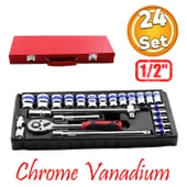 Lokma Takımı 24 Parça Uzatma T Kolu Buji Araç Tamir Cırcırlı Chrome Vanadium 1/2 Dr Socket Set - 1