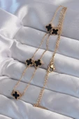 316L Çelik Gold Renk Minimal Siyah Mineli Yonca Kolye - EBJ240822W26886 thumbnail 2