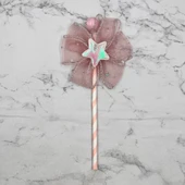 Pasta Üstü Çubuklu Tüllü Yıldız Süs Pembe 23 cm - 2