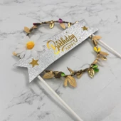 Lüks Pasta Üstü Çubuklu Happy Bırthday Yapraklı Işıklı 21 cm - 1