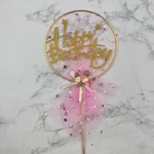 Pasta Üstü Happy Bırthday Metal Çubuklu Pembe Tüllü Süs 21 cm - 2