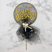 Pasta Üstü Happy Bırthday Metal Çubuklu Siyah Tüllü Süs 21 cm - 2