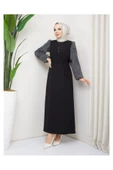 Yuvarlak Desenli Şifon Kollu Tuğba Model Elbise - Siyah thumbnail 2