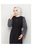 Yuvarlak Desenli Şifon Kollu Tuğba Model Elbise - Siyah thumbnail 3