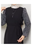 Yuvarlak Desenli Şifon Kollu Tuğba Model Elbise - Siyah thumbnail 1