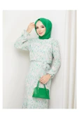 Piliseli Viscon Kumaş Çiçek Desenli Elbise- Yeşil - 2