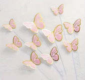 Pasta Üstü Dekoratif Çubuklu Kağıt Kelebek Süs Varaklı Pembe 11 li - 1