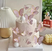 Pasta Üstü Dekoratif Çubuklu Kağıt Kelebek Süs Varaklı Pembe 11 li - 3