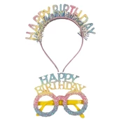 Plastik Happy Bırthday Simli Taç Gözlük Renkli 2 li Set - 1