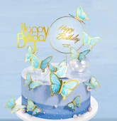 Pasta Üstü Dekoratif Çubuklu Kağıt Kelebek Süs Varaklı Mavi 11 li - 2