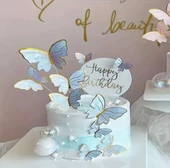 Pasta Üstü Dekoratif Çubuklu Kağıt Kelebek Süs Varaklı Mavi 11 li - 4