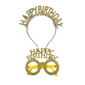 Plastik Happy Bırthday Simli Taç Gözlük Gold 2 li Set - 1