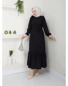 Krep Kumaş Omuz Fırfırlı Elbise - 4