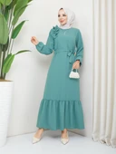 Krep Kumaş Omuz Fırfırlı Elbise - 11