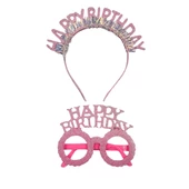 Plastik Happy Bırthday Simli Taç Gözlük Pembe 2 li Set - 1