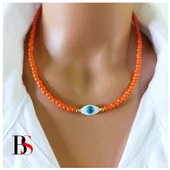 Sedef Doğal Taş - Nazar Boncuğu - Turuncu Kesme Boncuk Kadın Kolye - 1