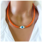 Sedef Doğal Taş - Nazar Boncuğu - Turuncu Kesme Boncuk Kadın Kolye - 2