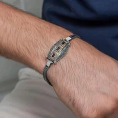 Siyah Üç Taş Motifli 925 Ayar Gümüş Erkek Bileklik thumbnail 3