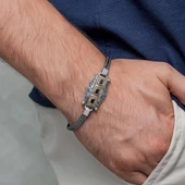 Siyah Üç Taş Motifli 925 Ayar Gümüş Erkek Bileklik thumbnail 2