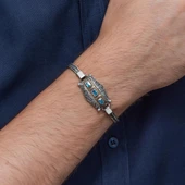 Mavi Üç Taş Motifli 925 Ayar Gümüş Erkek Bileklik thumbnail 6