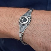 Ayyıldız Desenli 925 Ayar Gümüş Erkek Bileklik thumbnail 2