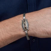 Siyah Üç Taş Motifli 925 Ayar Gümüş Erkek Bileklik thumbnail 4