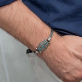 Mavi Üç Taş Motifli 925 Ayar Gümüş Erkek Bileklik thumbnail 2