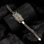 Mavi Üç Taş Motifli 925 Ayar Gümüş Erkek Bileklik thumbnail 1