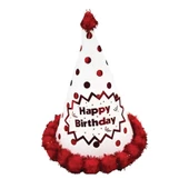 Happy Bırthday Parlak Parti Şapka Makaron Kırmızı Ponponlu 23 cm - 1
