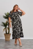 Wearon Kadın Dora Büyük Beden Volanlı Sarmaşık Desen Siyah Elbise - 1