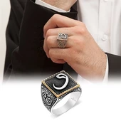 Vav Desenli Kare 925 Gümüş Erkek Yüzük - 4