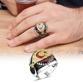 Ay Yıldız Kırmızı Taşlı 925 Gümüş Erkek Yüzük thumbnail 10