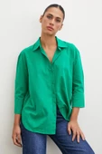 Geniş Manşetli Keten Gömlek Yeşil thumbnail 6